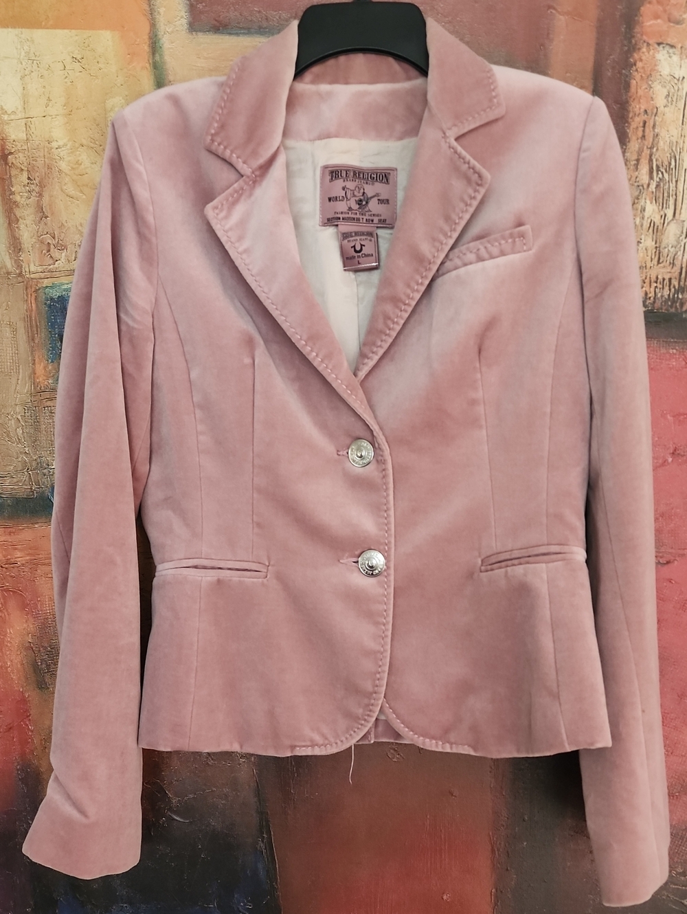 True Religion Dusty Pink Velvet Blazer Floral Woman Embroidered Back